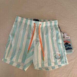 Striped Mint & White Swim Trunks with Neon Orange Drawstring